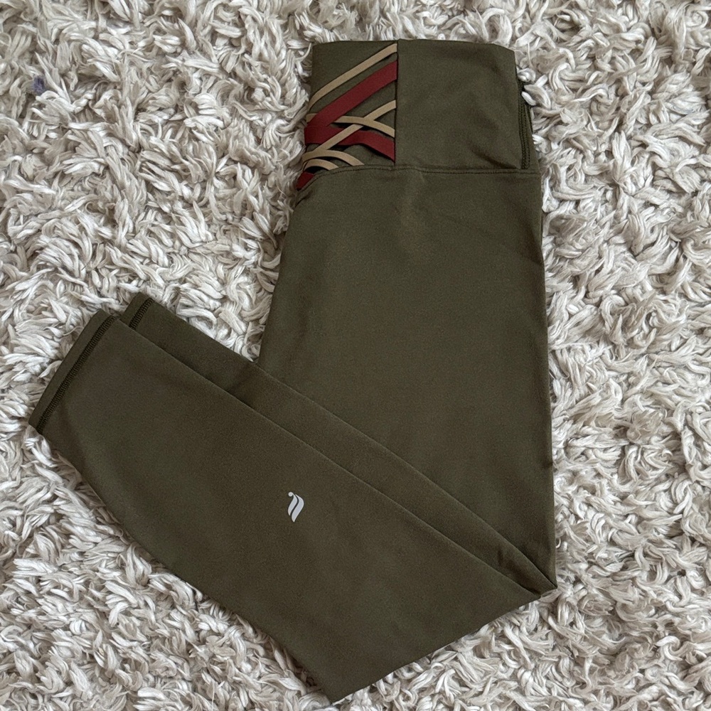 Fabletics Olive Green Leggings with Red Accents